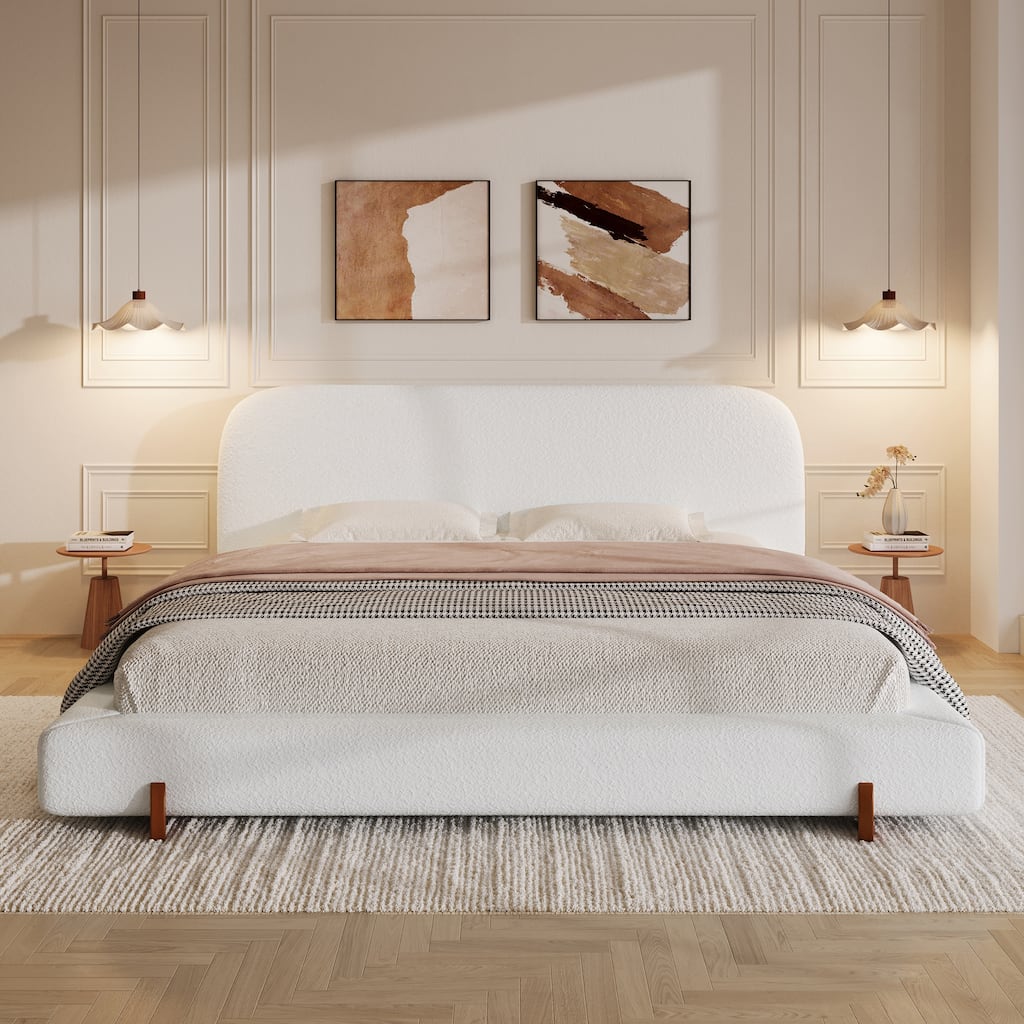 King Elegant Upholstered Bed with Solid Rubberwood Legs and Fabric Design