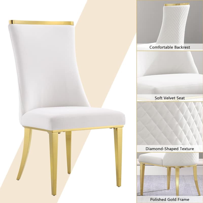 Luxurious White Velvet Upholstered Dining Chairs with Reticulate Texture Back and Polished Gold Metal Legs