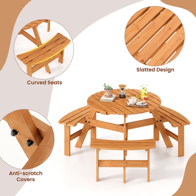 Costway 6-Person Round Picnic Table Set with 3 Built-in Benches 2" - See Details