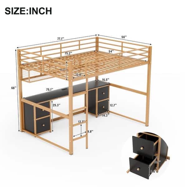 dimension image slide 1 of 2, Full Size Metal Loft Bed with Desk, Drawers and Bedside Tray, Charging Station, USB and Socket