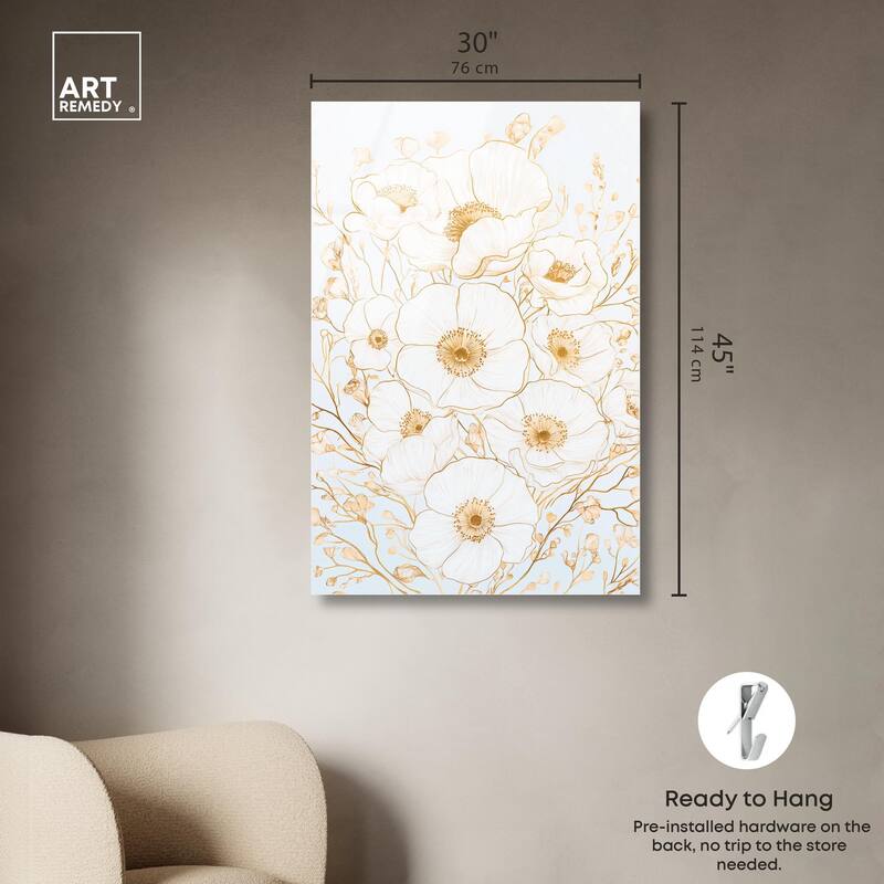 White and Gold Poppies II Acrylic by Art Remedy, Ready to Hang