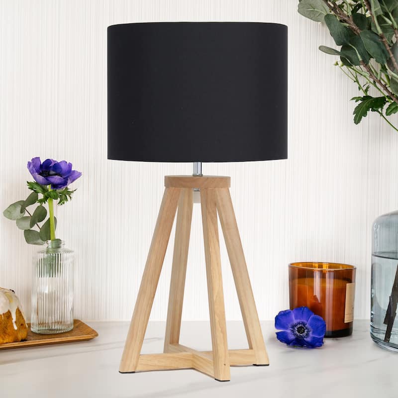Wood Tripod Table Lamp with Drum Shade for Bedroom Decor - 9.75 x 9.75 x 19 in. (L x W x H)