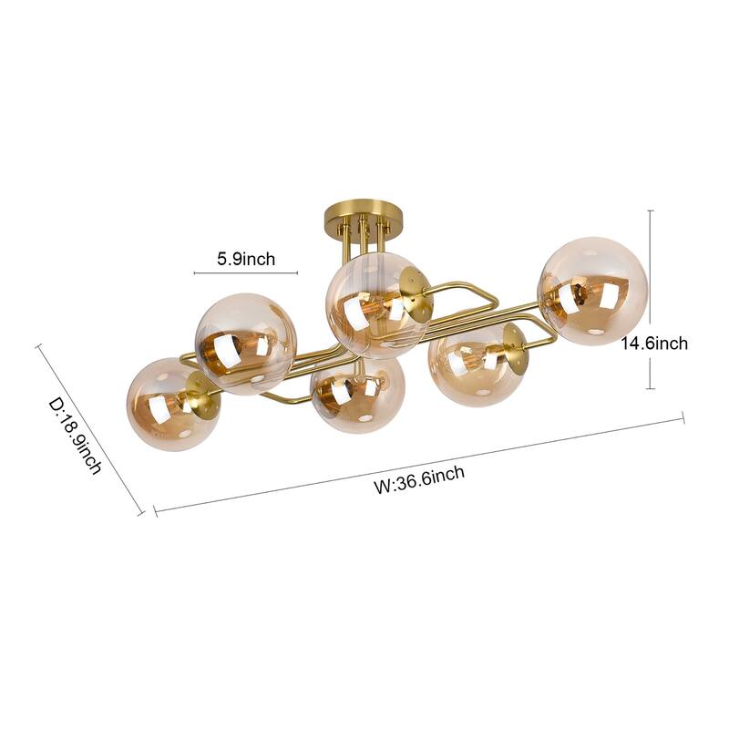 Mid - Century Modern 4 - Light Chandelier, Brass Frame with Amber - Tinted Glass Globes