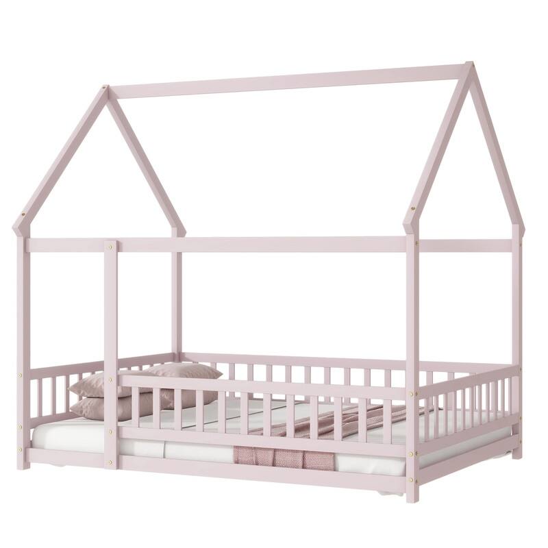 Full Size House Bed Wooden Floor Bed with Roof Frame,Safety Guardrails
