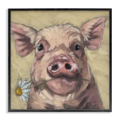Stupell Pig Holding Daisy Sprig Framed Giclee Art Design By Sara G. Designs