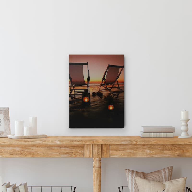 LED Lighted Sunset Beach Chairs with Lanterns Canvas Wall Art 15.75"