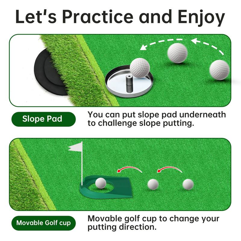 Putting Green Mat with Stainless Steel Cups & Adjustable Slope Challenge for Both Indoor & Outdoor