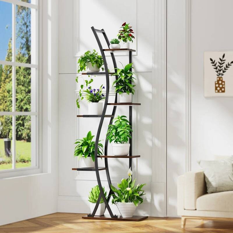 Wood Metal 7-Tier Indoor Plant Stand with Grow Lights and Timer - 19.69 x 9.45 x 63 inches