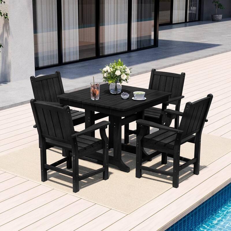 Black 5/7-Piece HDPE Plastic Patio Outdoor Dining Set with Arm Chairs