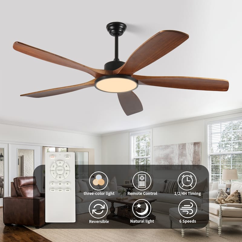 62-inch Large Outdoor Ceiling Fan with Remote Control and Light with Three-Color Dimming, 5 Reversible Wooden Blades