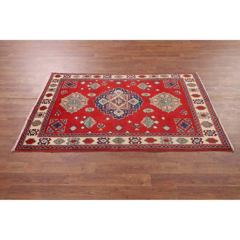 Red Kazak Accent Rug Handmade Geometric Wool Carpet - 3'2" x 4'11"