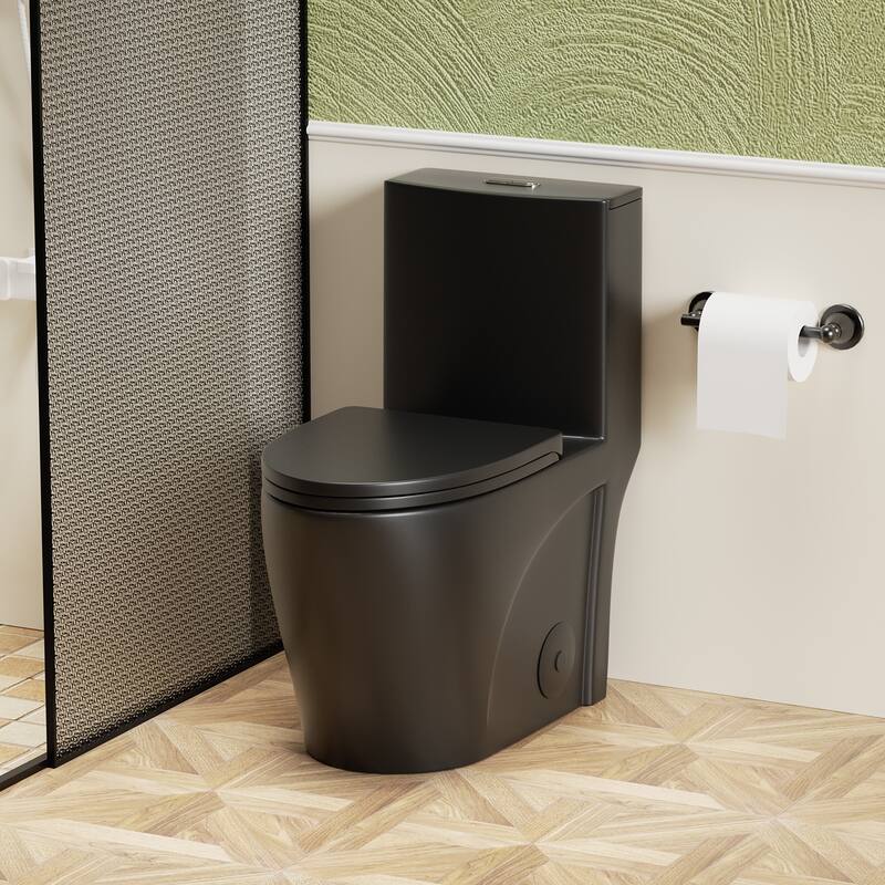Anmytek Matte Black One Piece Toilet with Tornado Dual Flush and Soft Closing Seat ADA Height Siphonic S Trap 12 Inch Rough In - Black