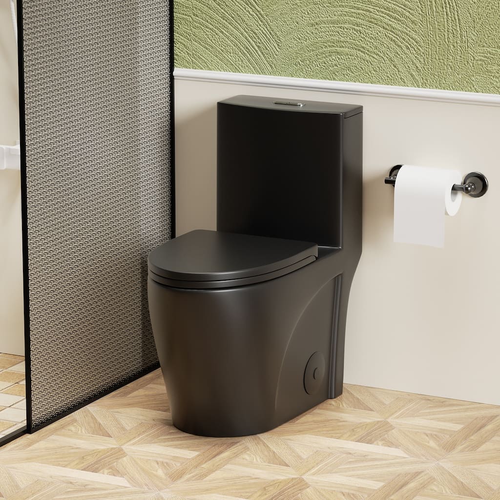Anmytek Matte Black One Piece Toilet with Tornado Dual Flush and Soft Closing Seat ADA Height Siphonic S Trap 12 Inch Rough In