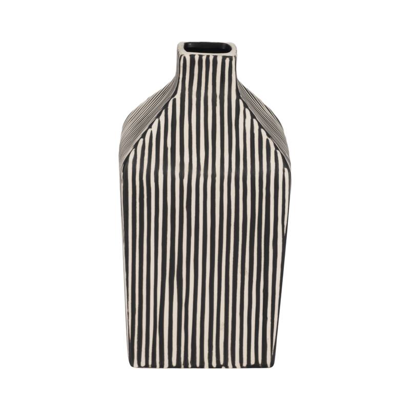 Sagebrook Home Lines Square Stoneware Vase in Black and White Finish, Unique Design - 5" x 5" x 8"