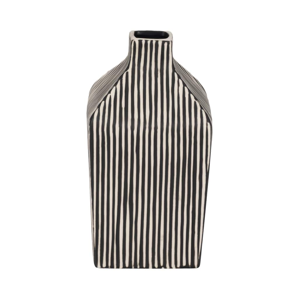Sagebrook Home Lines Square Stoneware Vase in Black and White Finish, Unique Design