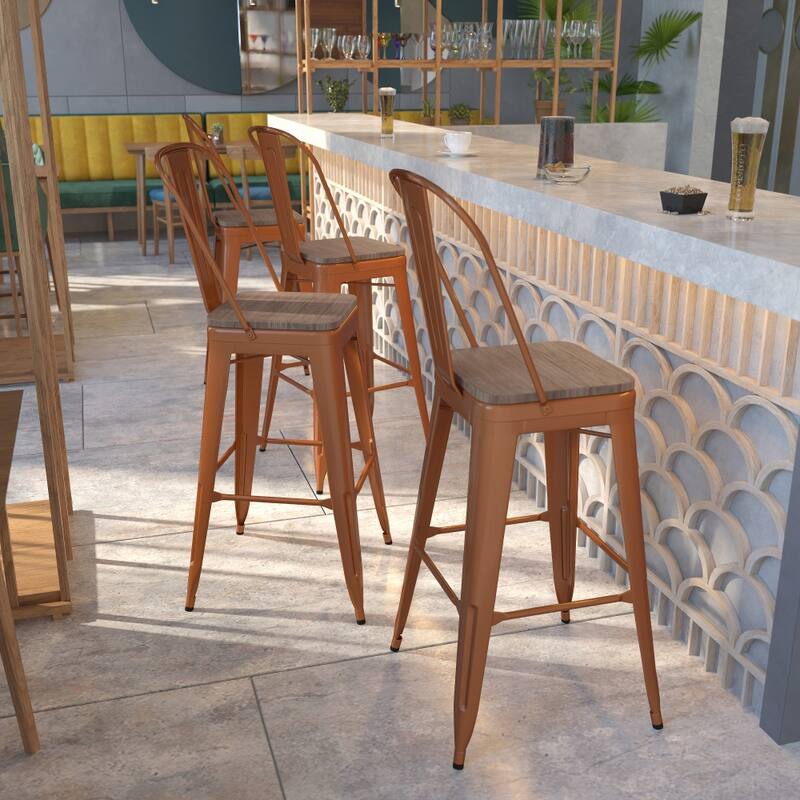 4 Pk. 30" High Metal Barstool with Back and Wood Seat - 18"W x 19"D x 46"H - 18"W x 19"D x 46"H - Copper