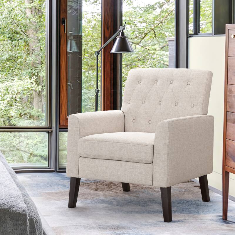 LUE BONA Modern Upholstered Accent Chair Linen Fabric Button Tufted Armchair with Solid Wood Frame - 28.5 W X 27.25 D X 33.75 H - Wheat