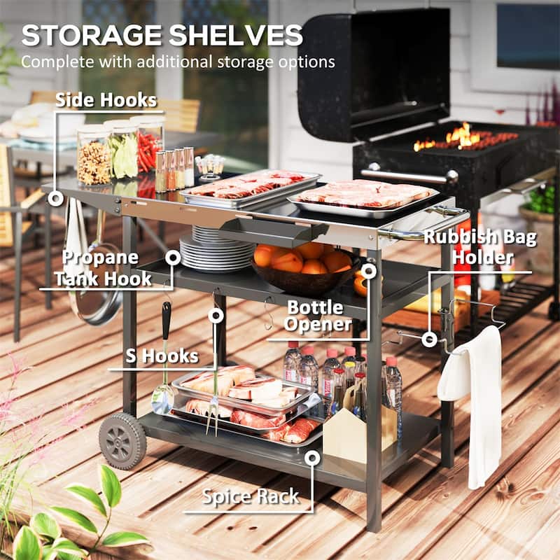 Stainless Steel Outdoor Serving Cart with Folding Side Table, Wheels, Shelves, Hooks, Spice Rack, Bottle Opener