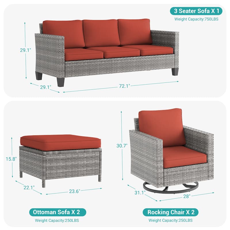 BONOSUKI 5Pcs Patio Furniture Swivel Rocking Sofa Set Grey Rattan