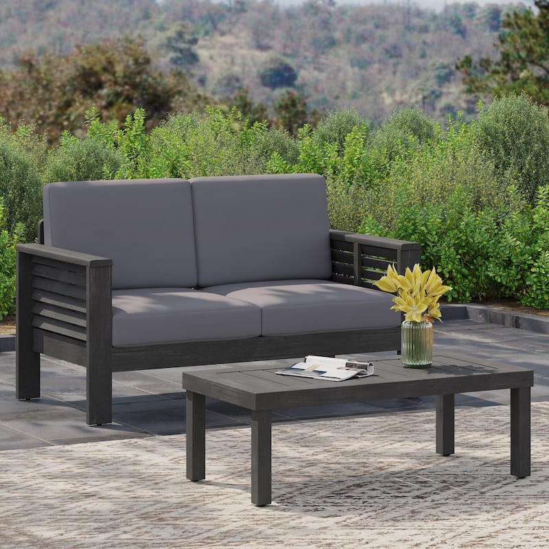 Louver Acacia Wood Outdoor Loveseat and Coffee Table Set with Cushions by Christopher Knight Home - Dark Gray