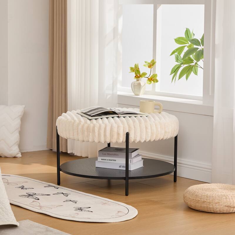 Modern Round Coffee Table with Open Storage Shelf with Black Metal Legs, for Living Room Bedroom Entryway