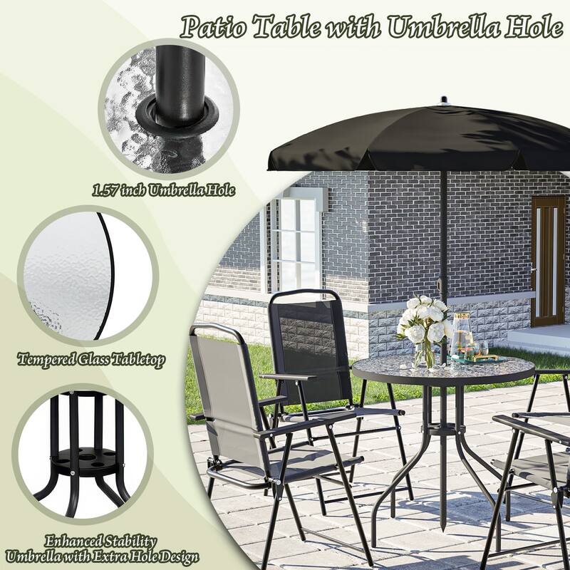 BOSSIN 6 Piece Foldable Metal Outdoor Dining Set with Umbrella, Table & Chairs for Deck, Lawn, Backyard