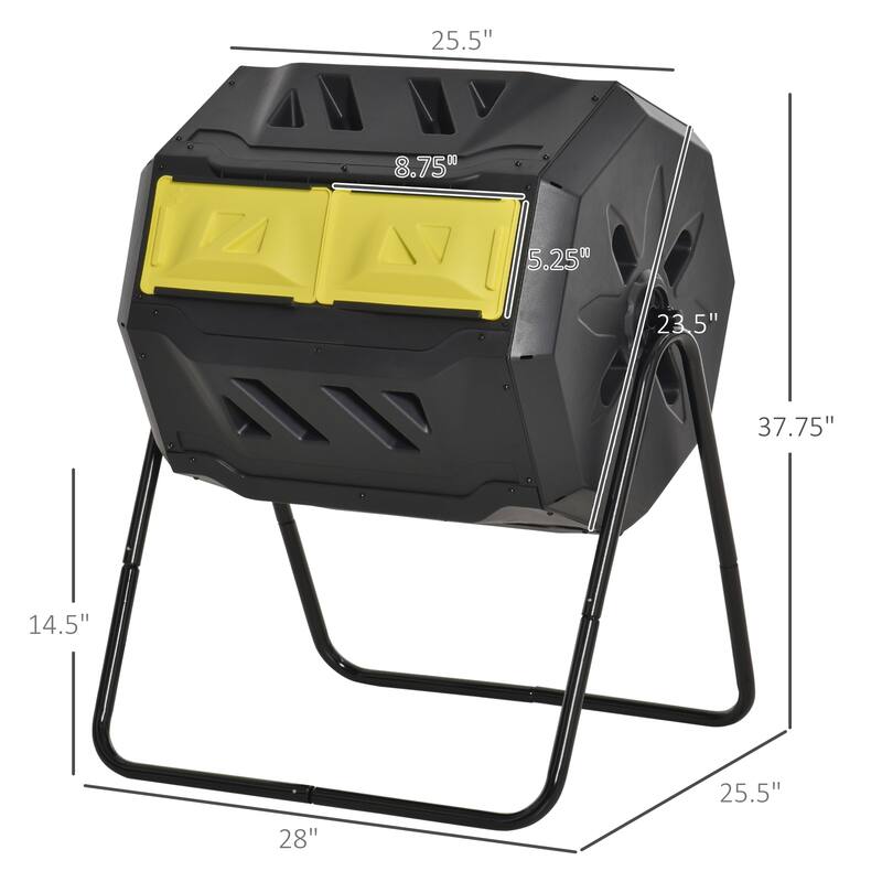 Outsunny Tumbling Compost Bin Outdoor Dual Chamber 360-deg Rotating Composter 43 Gallon w/ Sliding Doors & Solid Steel Frame