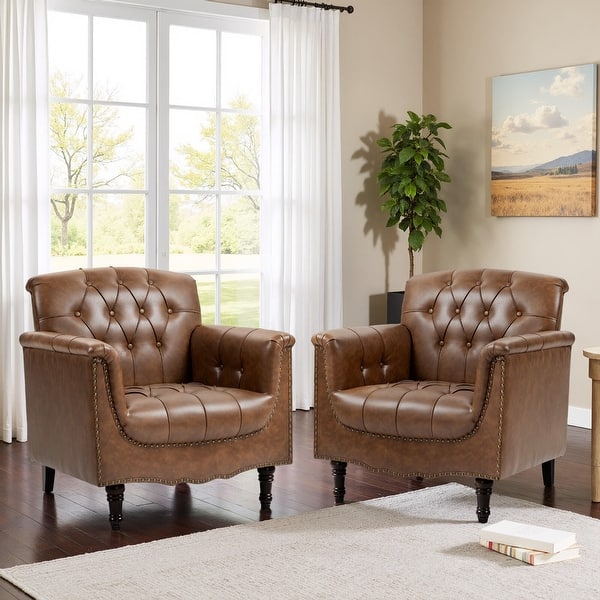 slide 2 of 65, 31" W Tufted Vegan Leather Accent Chairs for Living Room Set of 2 Brown