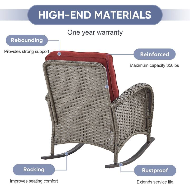 PlainCurve 3-Piece Wicker Outdoor Patio Conversation Set with Rocking Chairs and Olefin Cushions