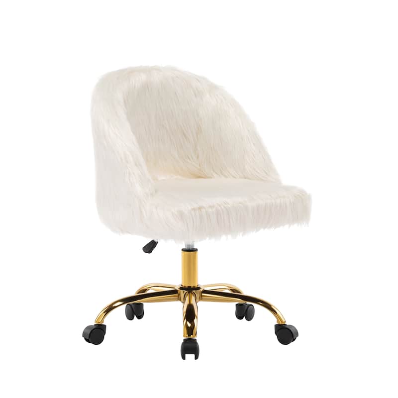 Porthos Home Nara Swivel Office Chair , Shaggy Plush, Gold Metal Legs - White
