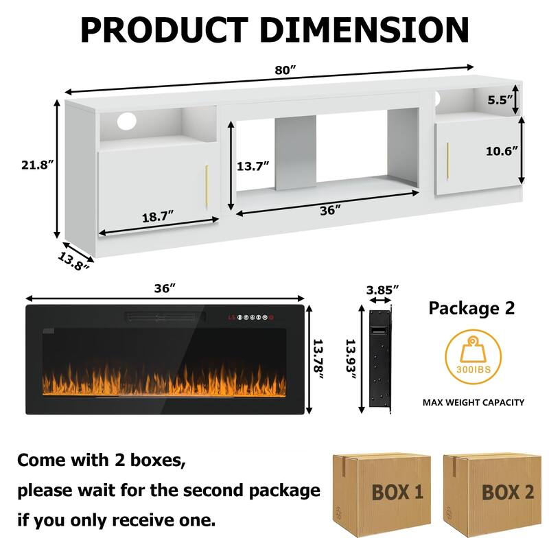 80" Modern Electric Fireplace TV Stand with 20-Color LED Lights, Fits Up to 90" TV, Adjustable Shelves & Cable Management