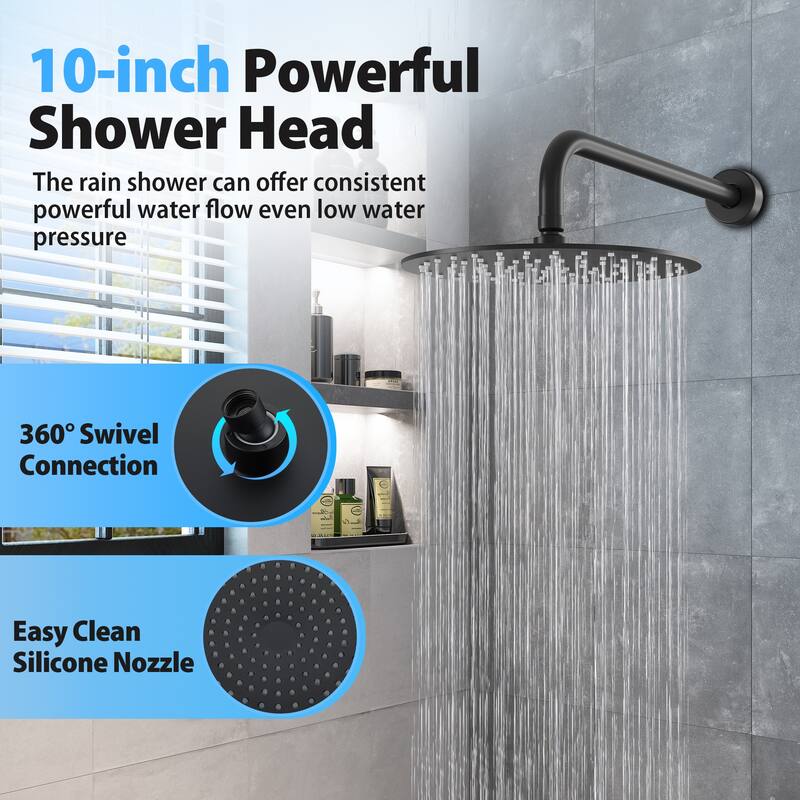 3-Functions Wall Mount Shower System Rainfall Shower Head - Matte Black 10 inch
