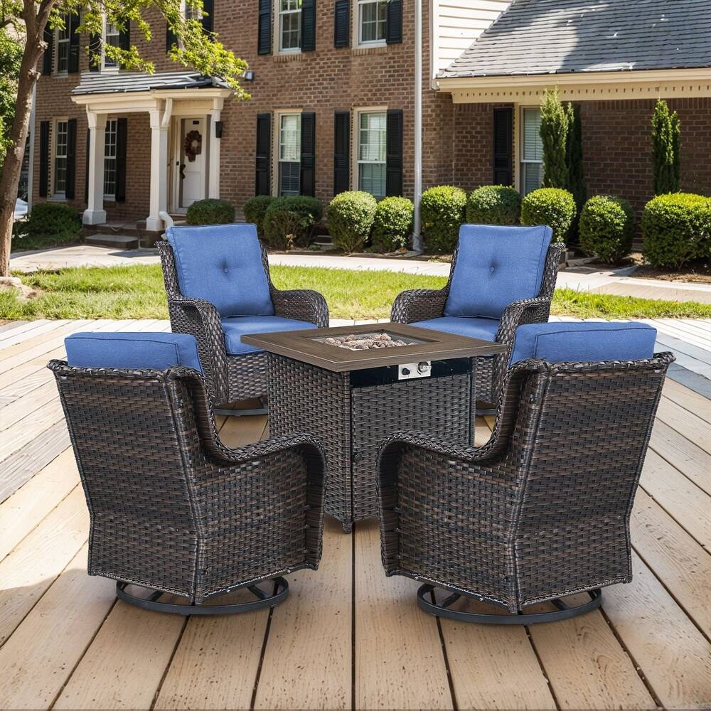 Gymojoy 5-Piece Outdoor Wicker Patio Furniture with Fire Pit Table, Rattan Coversation Set with Water Resistant Thick Cushions