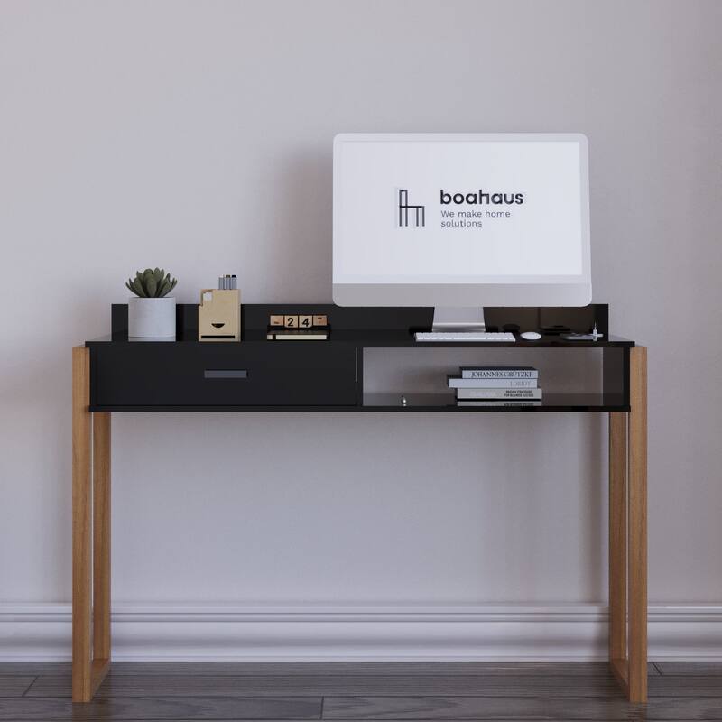 Modern Computer Desk with Drawer, Space-Saving, Shelf and Dual USB Charging Ports