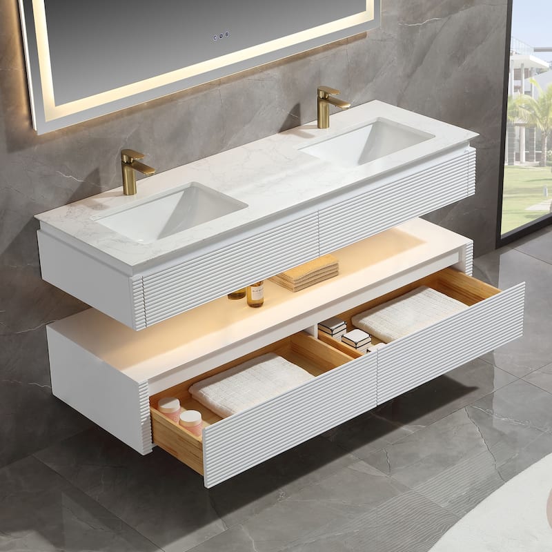 Modland 36/48 Inch LED Floating Vanity with Marble Top & Soft-Close Drawer - Green/White, Wall Drain Ready