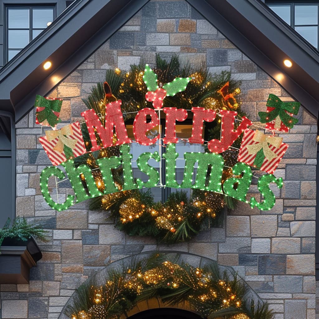 VEIKOUS 6FT Merry Christmas Sign with LED Lights, 2-in-1 Hanging or Freestanding Outdoor/Indoor LED Wall Sign Decor