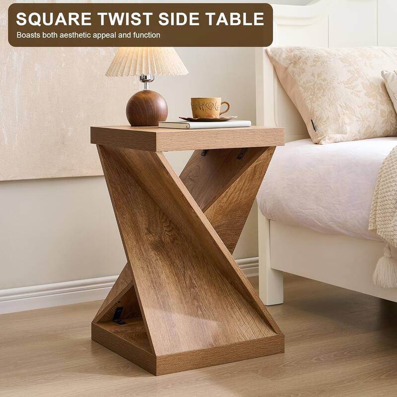 16" Modern Nightstand, Twisted Side Table, Square Rustic End Table