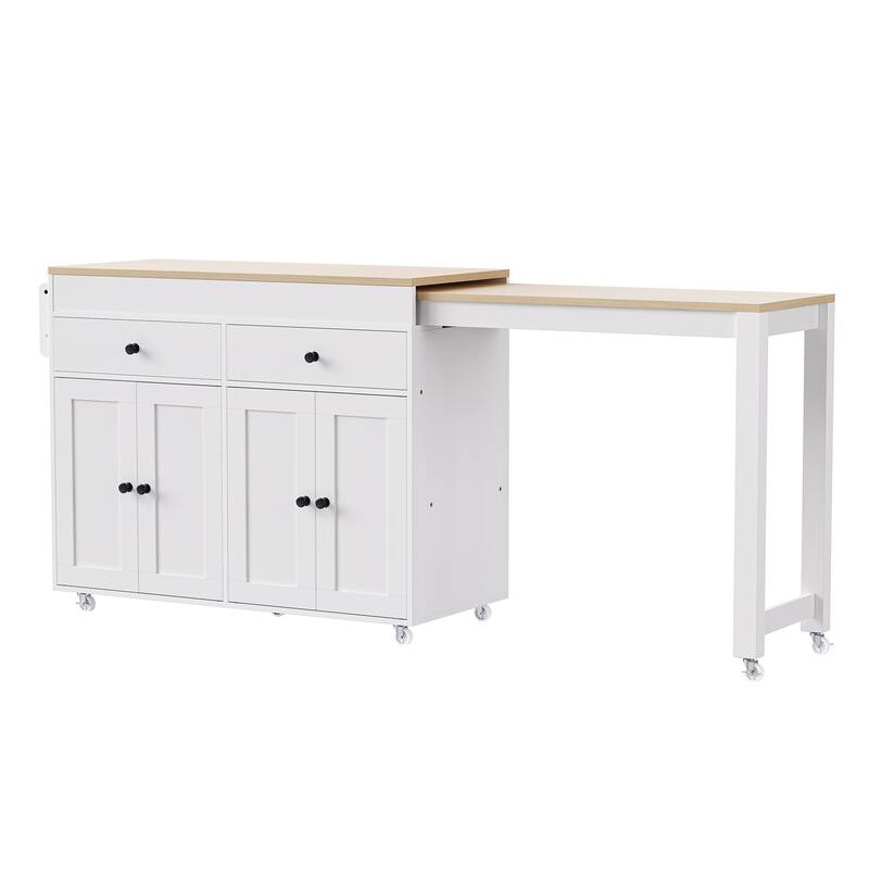 Kitchen Island with Extendable Dining Table, Rolling Island Cart on Locking Wheels, Breakfast Bar with 2 Drawers & 4 Door