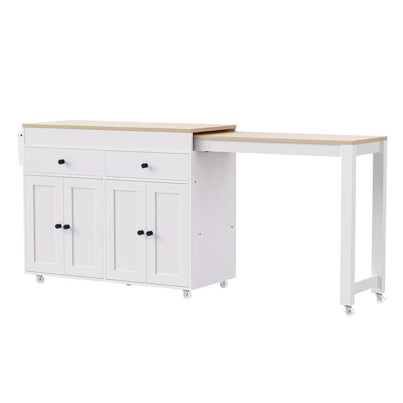 Modern Kitchen Island Rolling Kitchen Island with Extendable Dining Table 2 Drawers 2 Cabinets and Spice Rack, for Kitchen