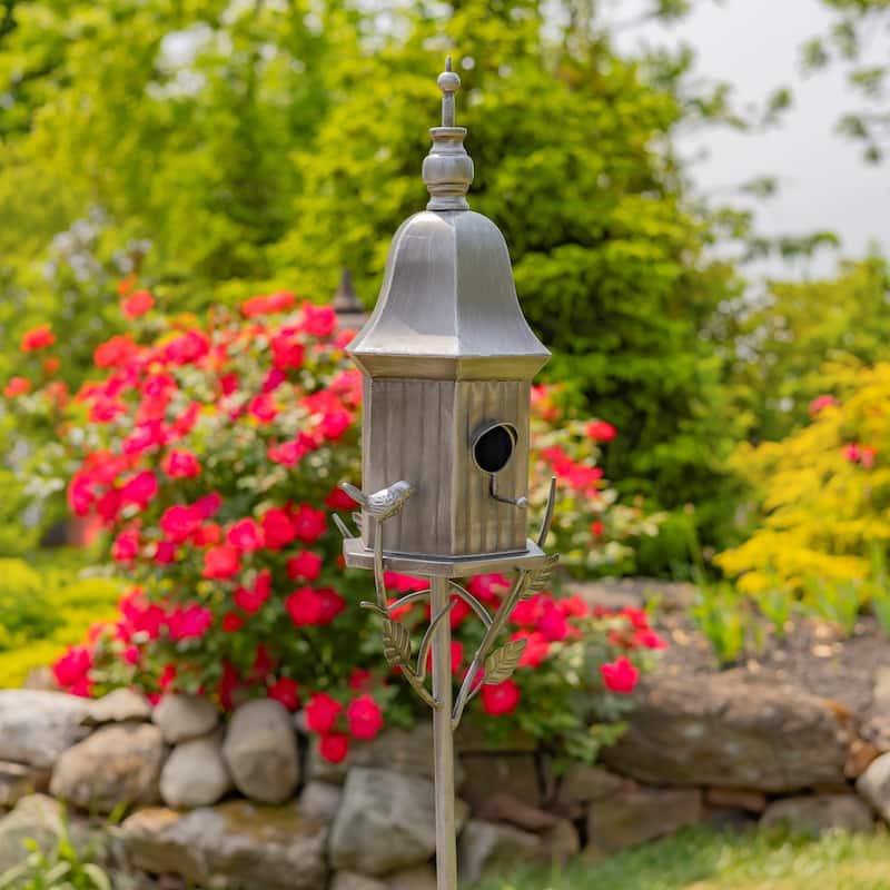 64" Tall Iron Birdhouse Stake "Victoria" - 8.75" L x 8" W x 64" H - Silver