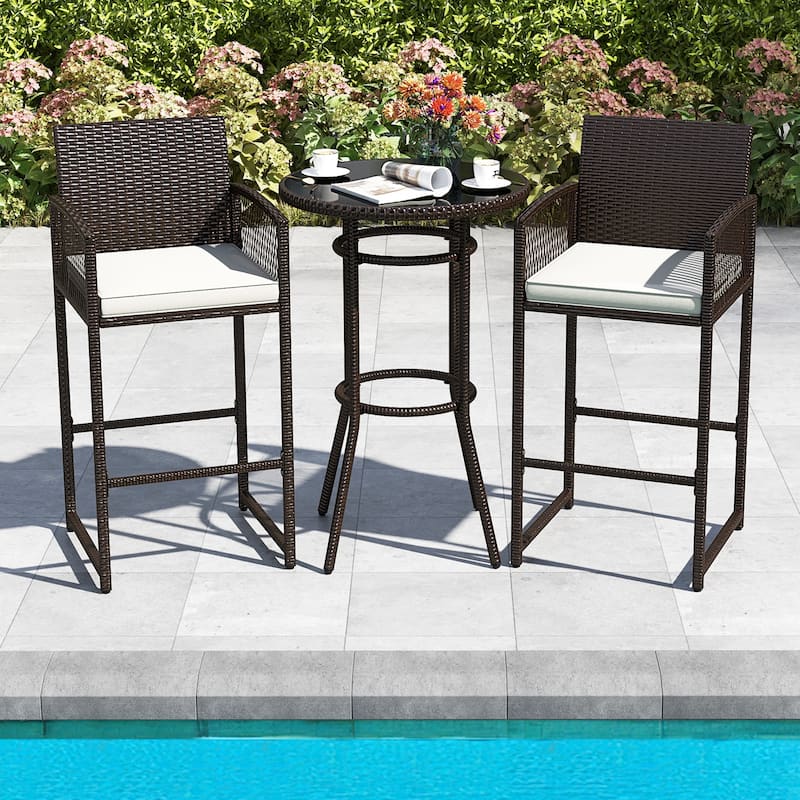 3-Piece Outdoor Patio Mix Brown Rattan Bar Set with Tempered Glass Table and Cushioned Chairs - 20.5" x 19.5" x 44"