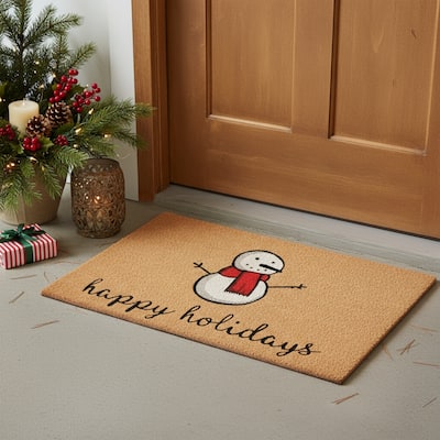 HomeRoots 24" X 36" Brown And White Christmas Snowman Happy Holidays Coir Door Mat - 24.00' X '36.00