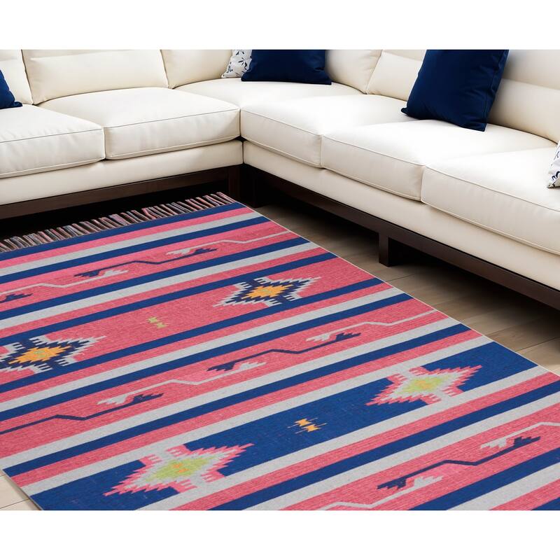 Fufal Southwestern Woven Low Pile with Fringe Area Rug By HomeRoots - 114' X '78' X '0.25 - 114' X '78' X '0.25 - Oxford Blue - Rectangle