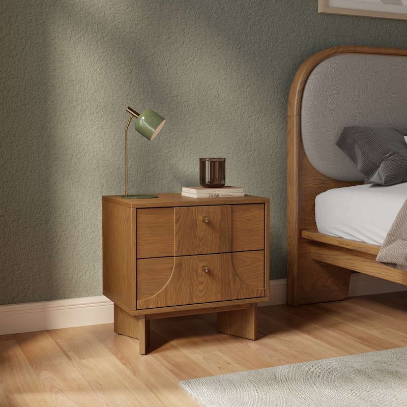 Studio London Zahra Japandi Nightstand Oak Bedside Table with Brass Handles