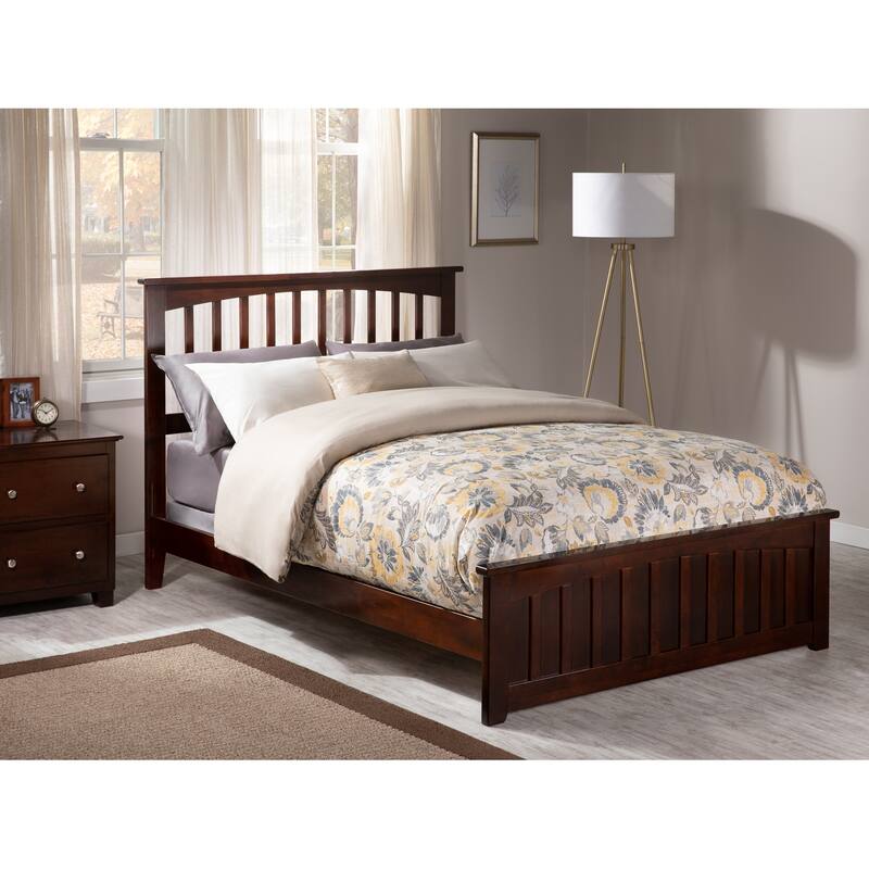 Low Profile Platform Bed with Footboard - Walnut Mission Style Wood Bed Frame & USB Charger