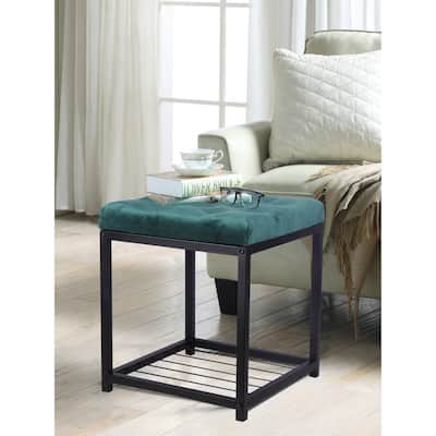 Turquoise Tufted Ottoman - Metal Frame - Square Upholstered Bench - 1 Pcs