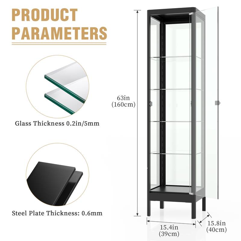 5-Tier Tempered Glass Curio Display Cabinet with Adjustable Shelves - 63"H x 15.4"W x 15.8"D