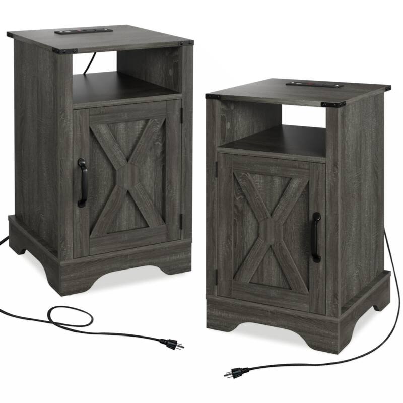 Farmhouse Nightstand Side Table,Tall Bedside Table with Electrical Outlets Charging Station(2 Sets) - Dark Gray