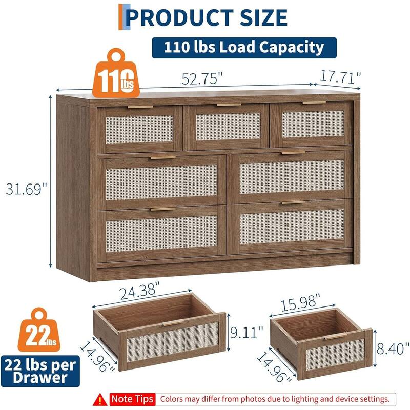 52" Rattan 7-Drawer Boho Dresser TV Stand for Bedroom, Living Room