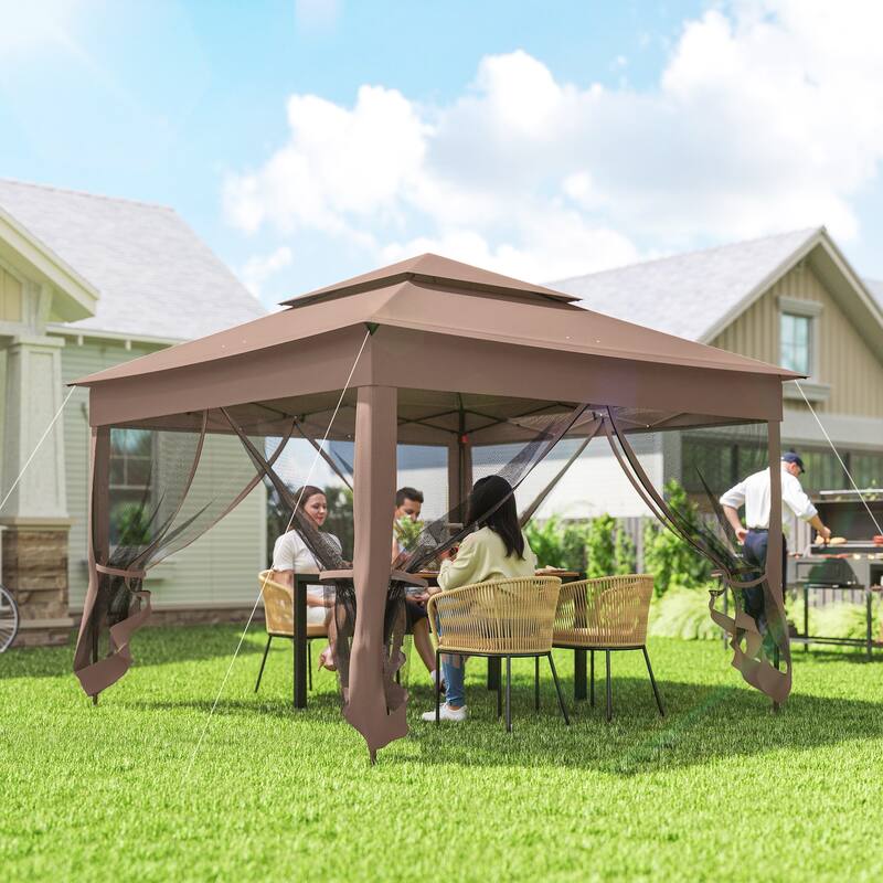 Outsunny 10.7' x 10.7' Pop Up Canopy, Outdoor Patio Gazebo Shelter with Removable Zipper Netting - Brown